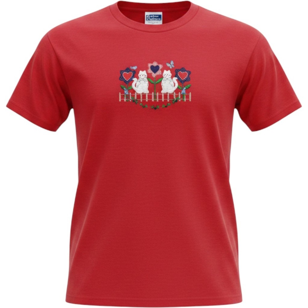 Endless Designs‎ T-Shirt Womens L Red Embroidered Cat Floral 90s Cottagecore Tee